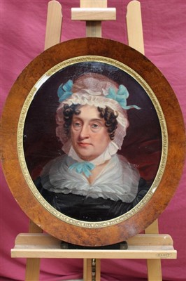 Lot 1000 - 19th century English school oval oil on canvas laid on board - portrait of a lady wearing a bonnet, in oval frame, 47cm x 40cm