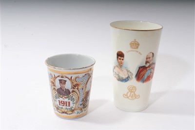 Lot 43 - King George V Coronation 1911 commemorative enamel beaker, 9.5cm high and Royal Doulton - King Edward VII Coronation 1902 commemorative tall beaker, 15.2cm high (2)