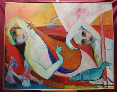 Lot 1174 - Follower of Chagall, oil on board ‘The Voyage titled to label verso, 123 x 149cm