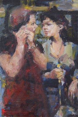 Lot 1168 - Michael Randall (1947-2000) oil on board - Soho Girls, 30 x 25cm, together with another by the same hand