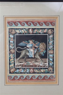 Lot 1169 - 19th century Italian School, gouache prediction of a frieze probably Pompeii together with an overpainted print of a Pompeii mosaic