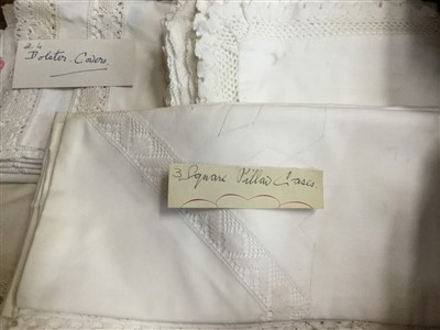 Lot 3060 - Vintage embroidered and lace trimmed white cotton table clothes, tray clothes., pillow and bolsters cases..