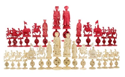 Lot 643 - Fine 19th century Chinese export carved and stained ivory chess set