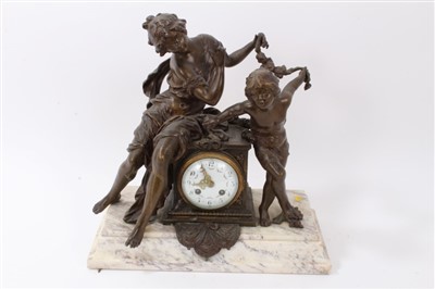 Lot 1275 - Early 20th century French bronzed spelter mantel clock with figure mounts