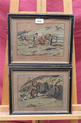 Lot 924 - Set of six early 19th century  hand coloured prints after Henry Alken - amusing Hunting scenes, published 1818, in glazed frames, 20cm x 27cm