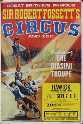 Lot 2413 - Circus Posters Sir Robert Fossett's and Zoo. Davy Crockett , The Biasini Troupe plus two others.  Three printed by W E Berry Ltd and one by Clarke and Sherwell.