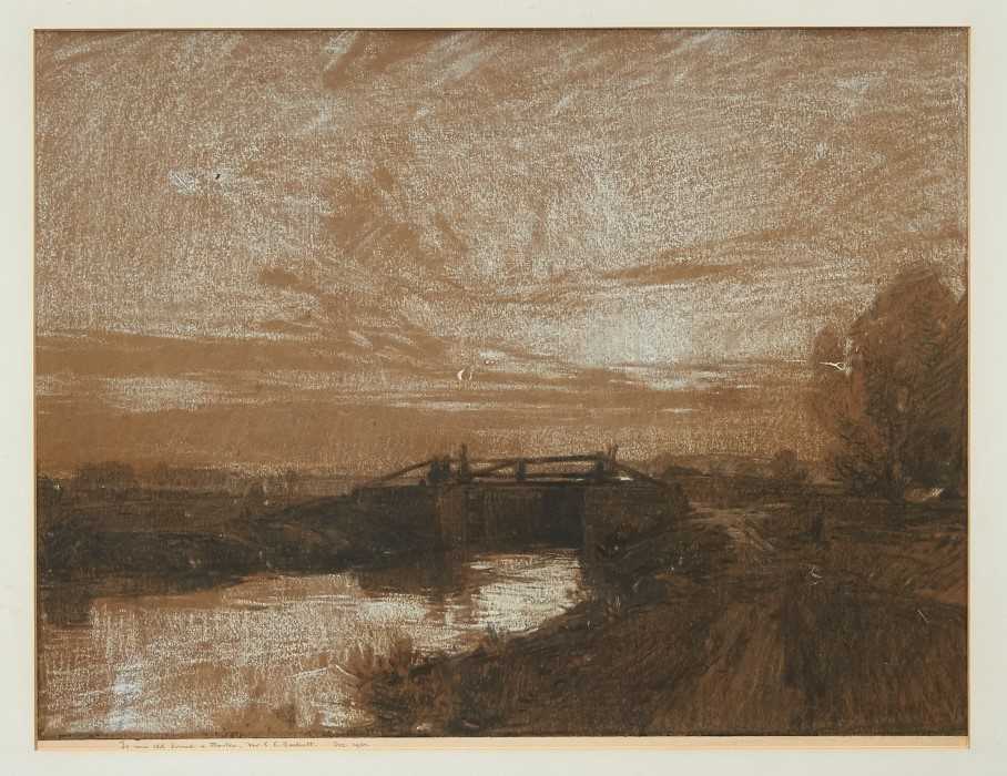 Lot 1173 - Leonard Squirrell (1893-1971) chalk and charcoal, Moonlit scene, inscribed with dedication to C Baskett 
 N.B. Baskett was etching Master at Ipswich School of Art