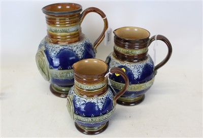 Lot 2009 - Set of three Victorian Doulton Lambeth Stoneware Jugs commentating the Diamond Jubilee of Queen Victoria (1837 - 1897)