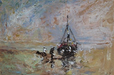 Lot 1156 - Jack Cox (1914-2007) oil on board - fishing boat on the shore, signed, in glazed gilt frame, 12cm x 17cm