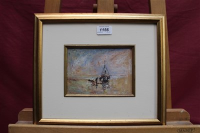 Lot 1156 - Jack Cox (1914-2007) oil on board - fishing boat on the shore, signed, in glazed gilt frame, 12cm x 17cm