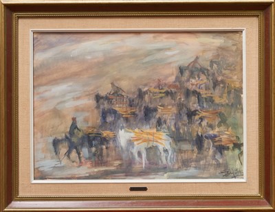 Lot 1160 - Pericles Byzantios (Greek,1893-1972) - Gouache on card - Mules in Metsovo, signed in Greek (lower right) 49 x 69 cm