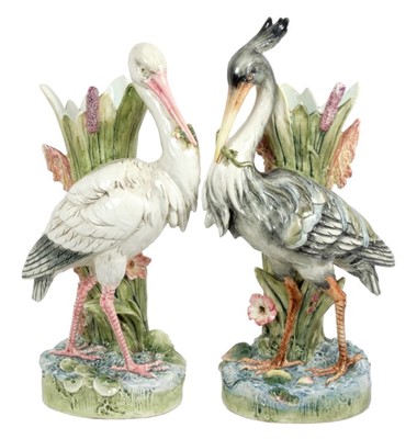 Lot 131 - Pair of 19th century Majolica stork stick stands, circa 1890