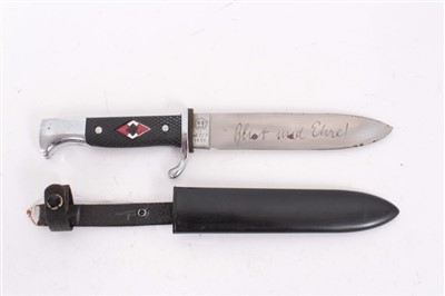 Lot 805 - Nazi Hitler Youth knife / dagger with checkered plastic grip, set with enamel swastika badge, plated mounts, etched blade marked RZM M7/2 1937
