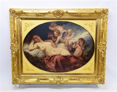 Lot 1236 - French school - large oil on canvas in ornate gilt frame- Venus, Cupid and putti
