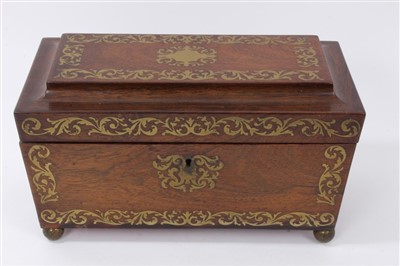 Lot 663 - Regency rosewood and brass inlaid sarcophagus-shaped tea caddy
