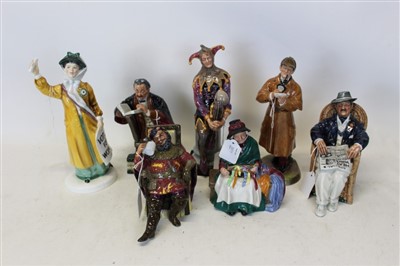 Lot 2011 - Seven Royal Doulton figures- The Jester HN2016, Taking Things Easy HN2677, The Professor HN2281, The Foaming Quart HN2162, The Detective HN2359, Votes For Women HN2816 and Silks and Ribbons HN2016 (7)