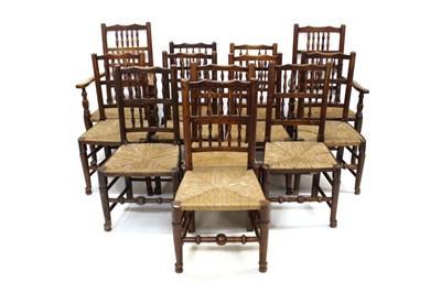 Lot 1448 - Long harlequin set of twelve 19th century ash spindle back chairs