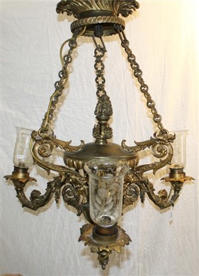 Lot 1469 - Impressive three branch chandelier with engraved glass shades