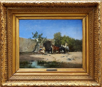 Lot 951 - Victor Pierre Huguet (1835-1902) oil on panel - figures and horses at rest in an Eastern Landscape, signed, in gilt frame, 34cm x 44cm