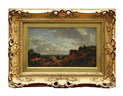 Lot 958 - Henry J. Horsley, 19th century oil on canvas - travellers at rest in extensive landscape, monogrammed and indistinctly dated, in glazed gilt frame, 16cm x 30cm 
 Provenance: Christie’s 8th October...