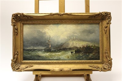 Lot 959 - William Thornley (1857-1935) oil on canvas - shipping off the coast at Scarborough, signed, in gilt frame, 21cm x 41cm 
 Provenance: Christie’s South Kensington 14th May 1998
