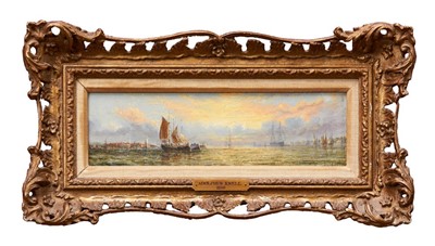 Lot 961 - William Adolphus Knell (1805-1875) oil on panel - shipping in the estuary, signed and dated 1880, in gilt frame, 10cm x 30.5cm 
 Provenance: Christie’s South Kensington 6th November 1997