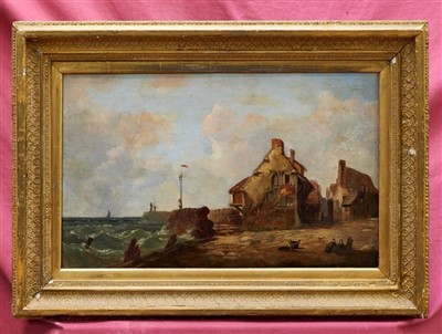 Lot 963 - 19th century English school oil on canvas - harbour cottages, in gilt frame, 30cm x 48cm