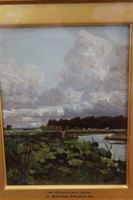 Lot 964 - John William Buxton Knight (1842-1908) pair of oils on panel - On the River Otter, Devon, signed, in glazed gilt frames, 22cm x 16cm 
 Provenance: Collection of Alfred A. Haley, Walton, Wakefield....