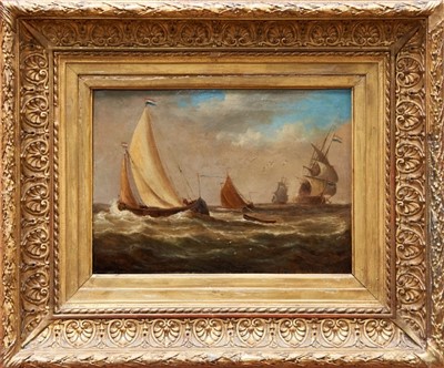 Lot 972 - 19th century Dutch school oil on canvas - shipping in squally seas, in gilt frame, 20cm x 27.5cm 
 Provenance: Christie’s South Kensington 6th November 1997