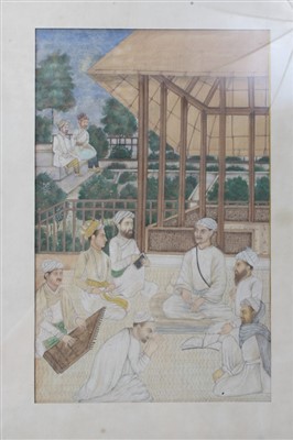 Lot 991 - 19th century Eastern watercolour and gouache depicting an elder with figures gathered around, 28cm x 18cm, together with a group of six decorative Indo-Persian ink and watercolours on textile panel...