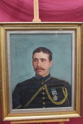 Lot 1099 - Late 19th century English school oil on canvas - portrait of a cavalry trooper wearing his service medal, in glazed gilt frame, 62cm x 49cm