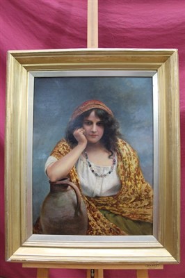 Lot 1100 - Late 19th/early 20th century Continental school oil over printed board - portrait of a gypsy girl, in gilt frame, 57cm x 43cm
