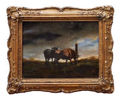 Lot 1105 - 18th century Continental school oil on canvas laid on panel - Bulls in a stormy landscape, in gilt frame, 21.5cm x 29cm