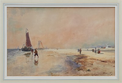 Lot 1106 - Thomas Bush Hardy (1842-1897) pair of watercolours - fishing boats on the shore and shipping off the harbour, one signed and dated 1889, in glazed gilt frames, 31cm x 49cm