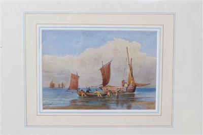 Lot 1107 - late 19th century Newlyn school watercolour - Cornish loggers On Penzance Beach, in glazed gilt frame, 11cm x 16cm