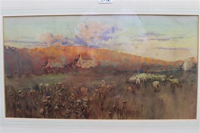 Lot 1112 - Edward Frederick Ertz (1862-1954) watercolour - shepherd and his flock at dusk, in glazed frame, 28cm x 53cm