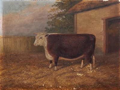 Lot 1144 - Albert Clark (act.1821-1910) oil on canvas - A Hereford Bull, signed and dated 1901, unframed, 31cm x 41cm