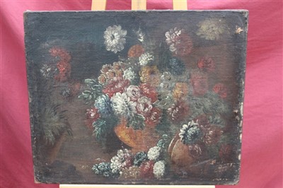 Lot 1145 - 18th century Continental school oil on canvas - still life of flowers in a vase, unframed, 55cm x 67cm