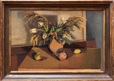 Lot 1146 - *Robert Medley (1905-1995) oil on canvas - still life of tulips and mimosa, 1929, signed, framed, 52cm x 77cm Exhibited: Leicester Museum And Art Gallery, Exhibition Of Contemporary Art 1936 The...