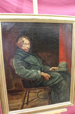 Lot 1147 - Early 20th century oil on canvas - portrait of a seated gentleman in long green coat, in gilt frame, 75cm x 59cm