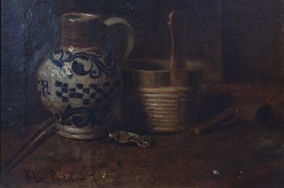 Lot 1149 - Florence Reid, late 19th century oil on canvas - still life of a stoneware bottle, pipe and vessels, signed and dated ‘99, in gilt frame, 25cm x 30cm