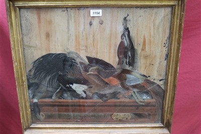 Lot 1154 - 19th century reverse painted picture on glass panel depicting a larder interior with dead game, fowl and songbirds, in gilt frame, 45cm x 51cm