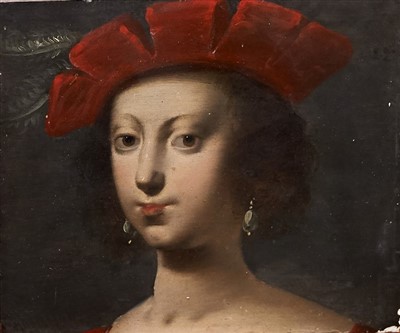 Lot 1155 - Attributed to Cornelis Janssen (1593-1661) oil on panel (cut-down) - portrait of a noble lady believed to be a daughter of James I, inscribed verso, unframed, 16.5cm x 19cm. A red seal verso believ...
