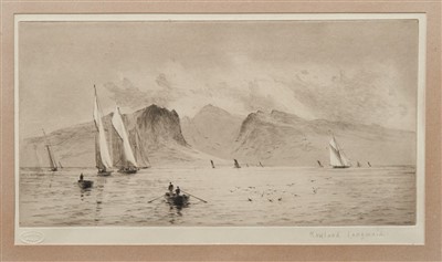 Lot 1182 - *Rowland Langmaid (1897-1956) signed etching - Goat Fell, Arran, with Academy Proof blindstamp, in glazed frame, 18cm x 32cm
