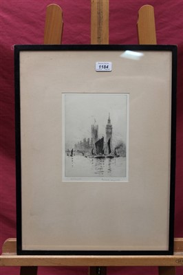 Lot 1184 - *Rowland Langmaid (1897-1956) signed etching - On The Thames, Westminster from the River, in glazed frame, 21.5cm x 16cm