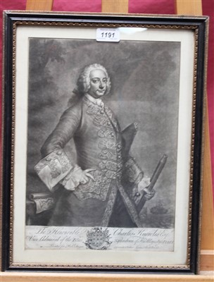 Lot 1191 - 18th century mezzotint - portrait of The Honourable Charles Knowles Esq. Vice Admiral of the Blue Squadron of His Majesty's Fleet, printed for Robert Sayer 1756, in glazed frame, 35cm x 25cm