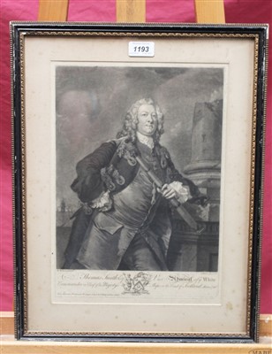 Lot 1193 - R. Wilson 18th century mezzotint by I. Faber - portrait of Thomas Smith Esq. Vice Admiral of the White, published circa1760, in glazed frame, 37cm x 26cm