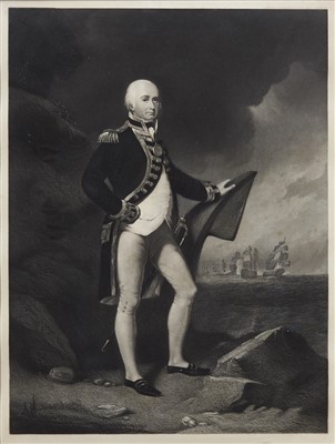 Lot 1196 - J. Lonsdale 19th century engraving by F. Bacon - portrait of Admiral Lord Collingwood, published by Turner and Colnaghi 1855, proof before letters, in glazed frame, 47cm x 36cm 
 NB: Collingwood to...