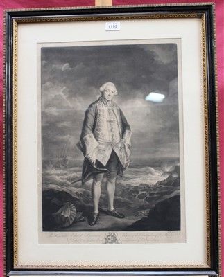 Lot 1199 - J. Reynolds 18th century mezzotint by J. McArdell - portrait of The Honourable Edward Boscawen, Admiral of the Blue Squadron of His Majesty’s Fleet, 1758, in glazed frame, 52cm x 37cm