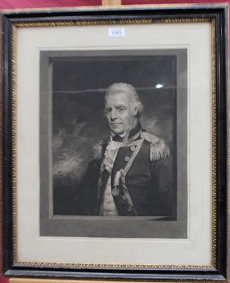 Lot 1201 - Beechey, early 19th century mezzotint by R. Earlom - portrait of Admiral Sir Henry d’Esterre Darby, 1801, in glazed frame, 44cm x 34cm 
 NB: Darby was Captain of HMS Bellerophon at the Battle of th...